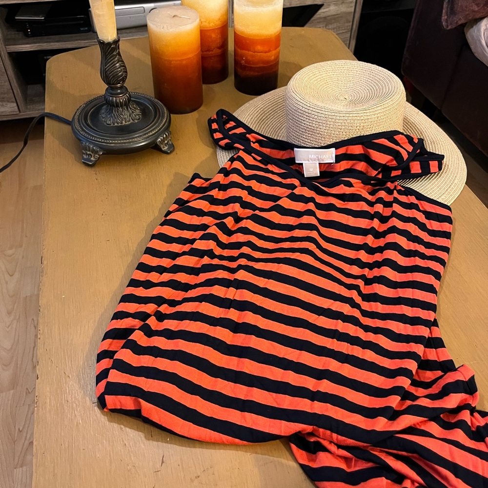 Michael Kors Orange Black Stripe High Low Tank Day Dress Causal Women’s Sz M